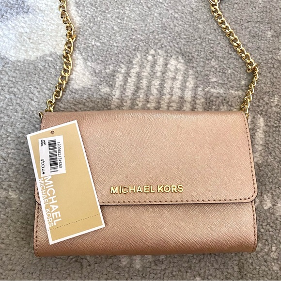 Michael Kors Jet Set Travel Phone Rose Gold Saffiano Leather Crossbody - Picture 1 of 8